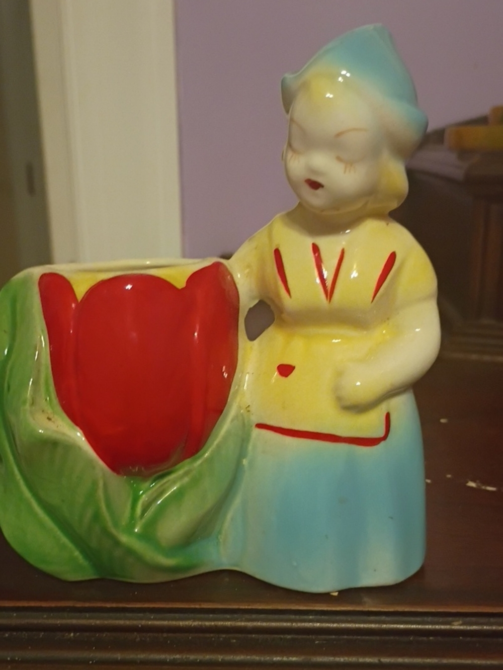 Vintage Ceramic Girl Planter in Red, Yellow, Blue